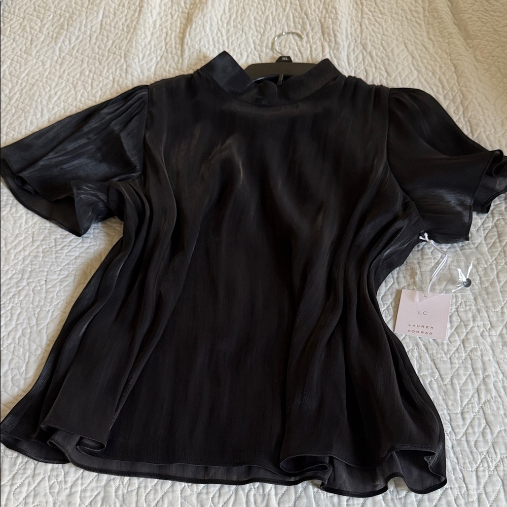 LC Lauren Conrad Black Satin-Look Short Sleeve Blouse